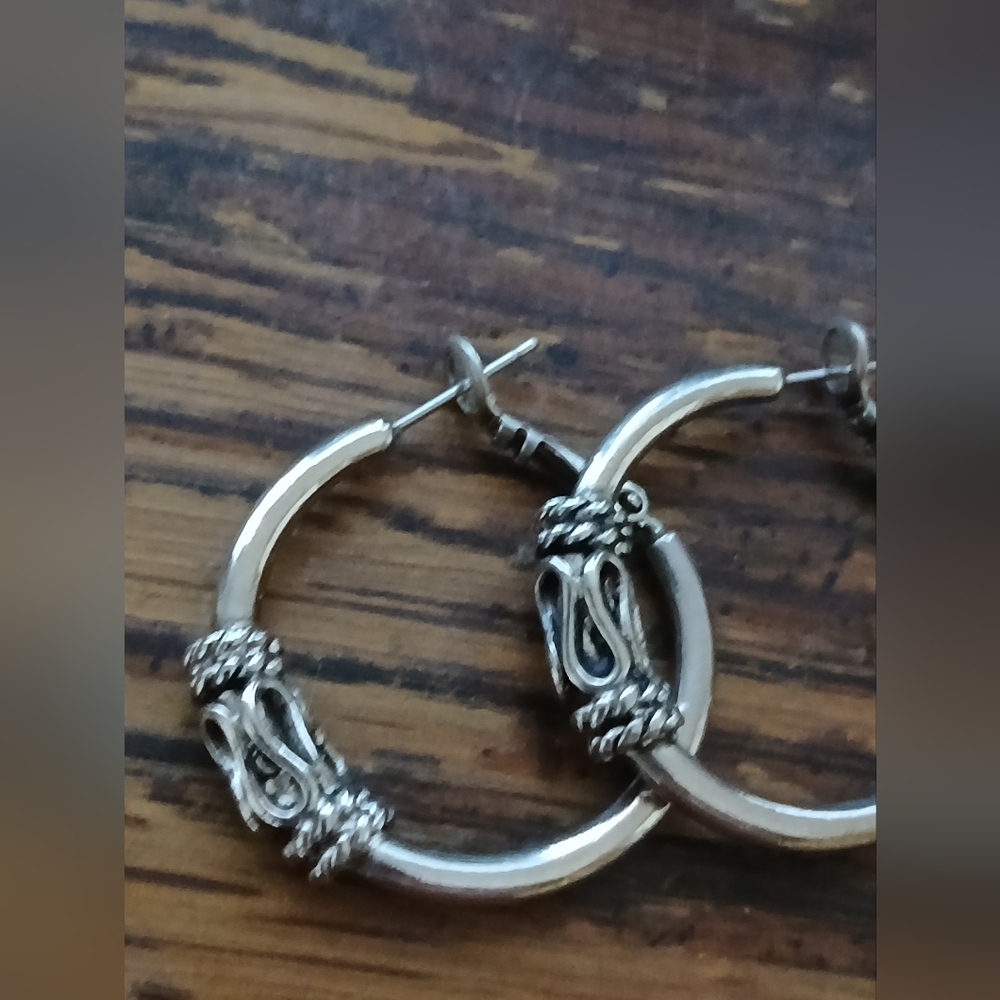 Sterling Silver Vintage Hoop Earrings Adorned Bali Detail